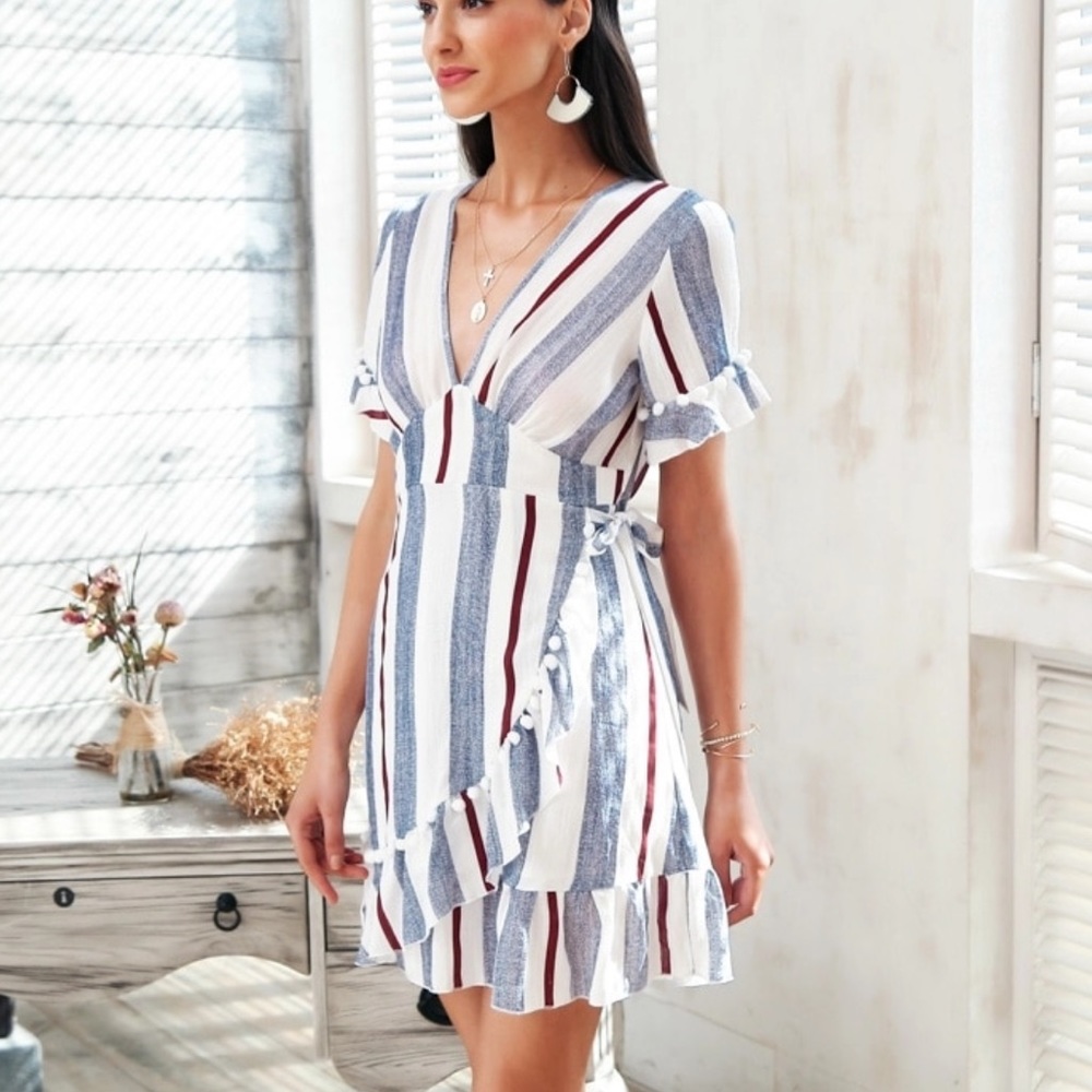 ๐ฆ blue white red Striped boho ruffle dress